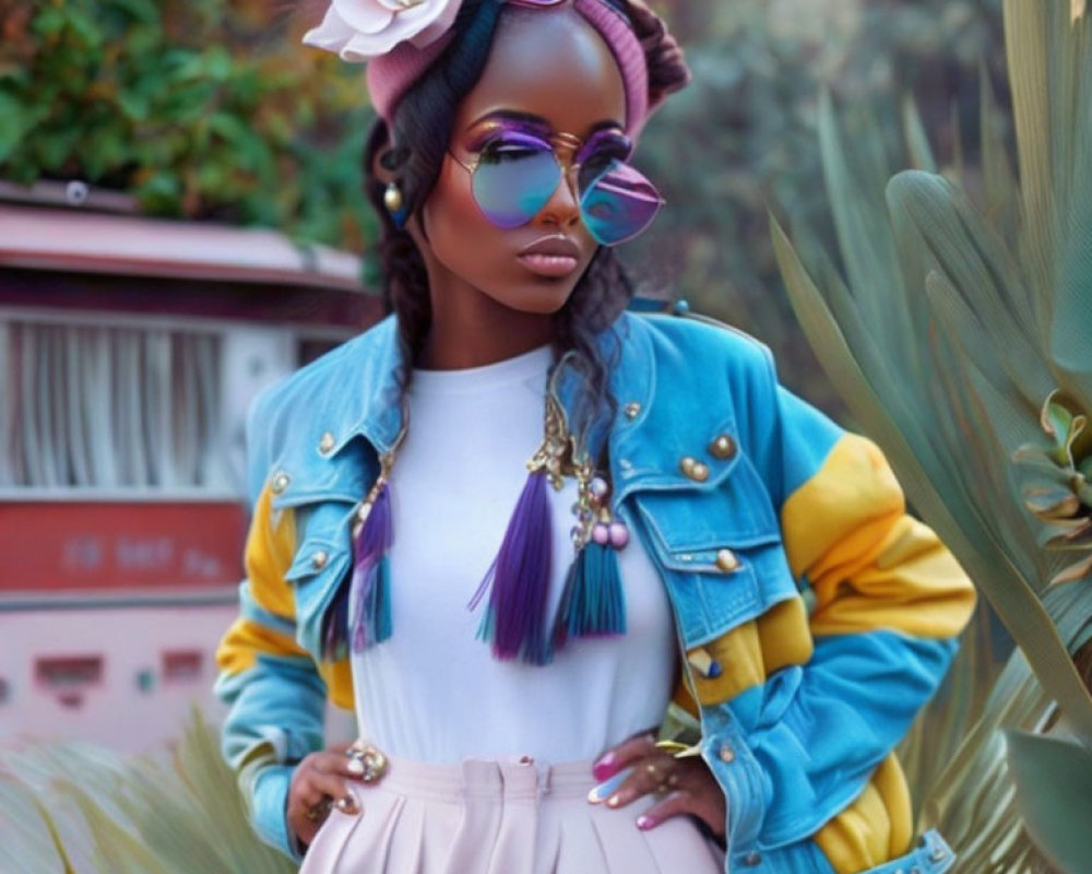 Woman in reflective sunglasses with white flower, denim jacket and skirt in greenery