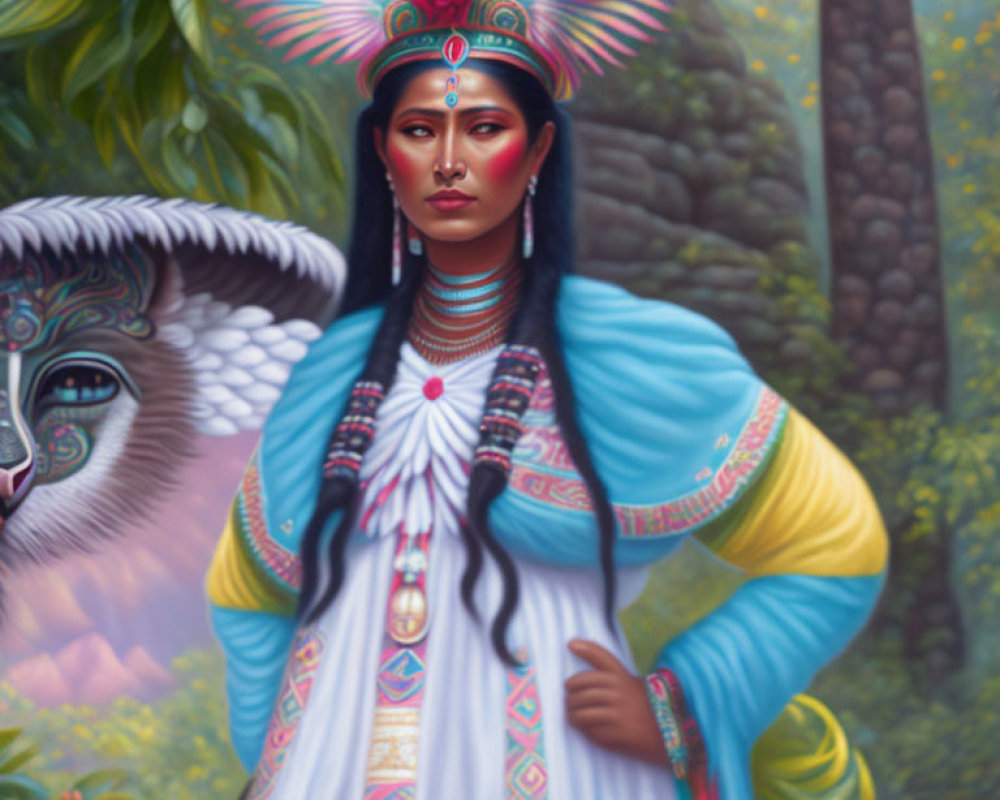 Digital painting of woman in indigenous attire with feathered headdress and mystical animal in lush forest