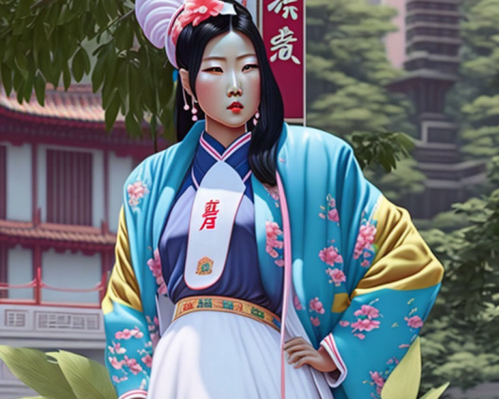 Traditional East Asian Attire Woman Illustration with Historic Building and Skyscrapers