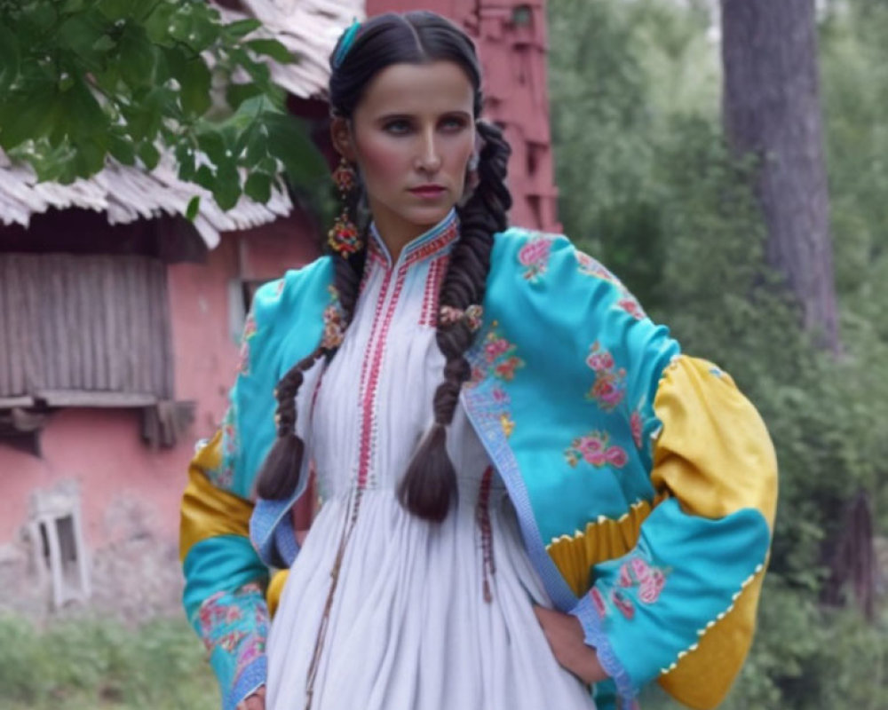 Traditional folk costume woman with embroidered details and braided hair outdoors.