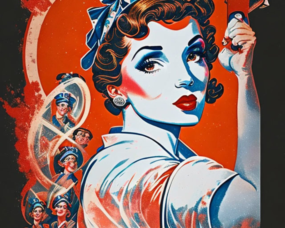 Stylized woman in bandana with space theme and Russian text in retro poster