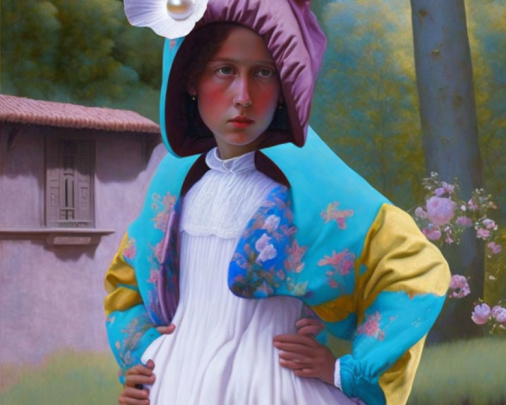 Young girl in historical dress with pink bonnet and blue coat, standing in front of pastoral backdrop with