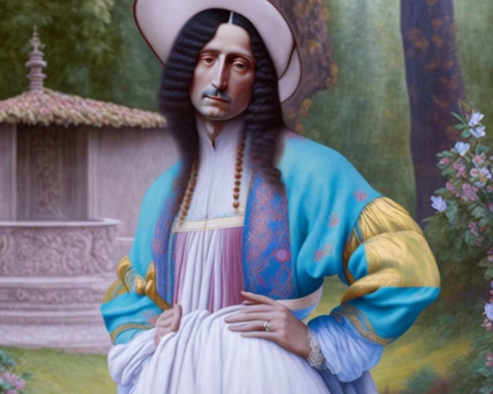 Surreal portrait blending Mona Lisa with Peruvian attire in garden setting