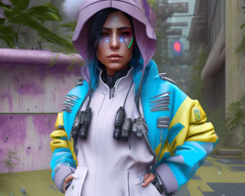 Character with Blue Hair in Futuristic Jacket on Urban Background