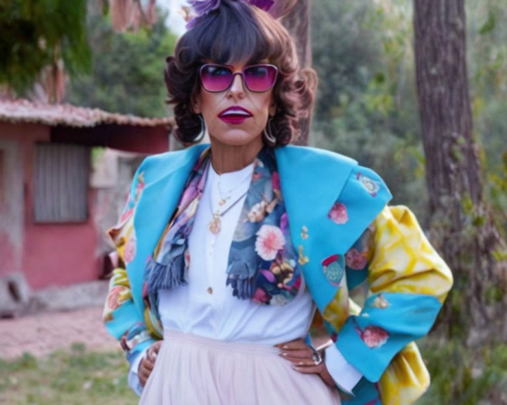 Person with Dramatic Makeup and Voluminous Hairstyle in Pink Sunglasses and Floral Blazer