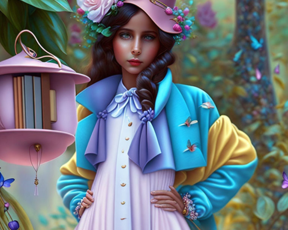 Digital artwork: Young woman in Victorian attire with birdcage, flowers, butterflies