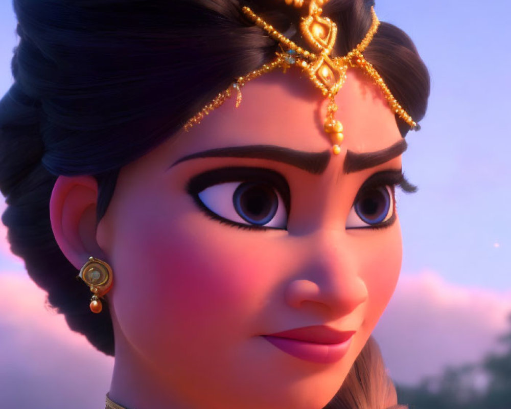 Animated female character in Indian royal attire with expressive eyes.