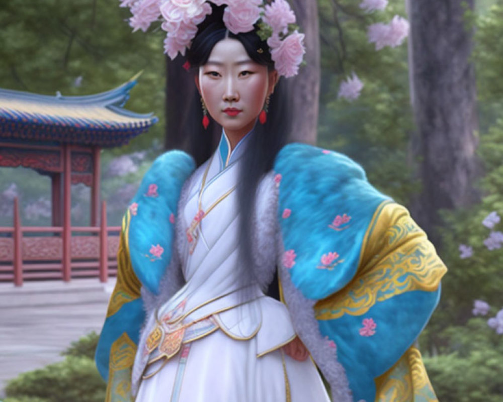 Traditional Asian Attire Woman with Floral Headdress, Pagoda, Cherry Blossoms