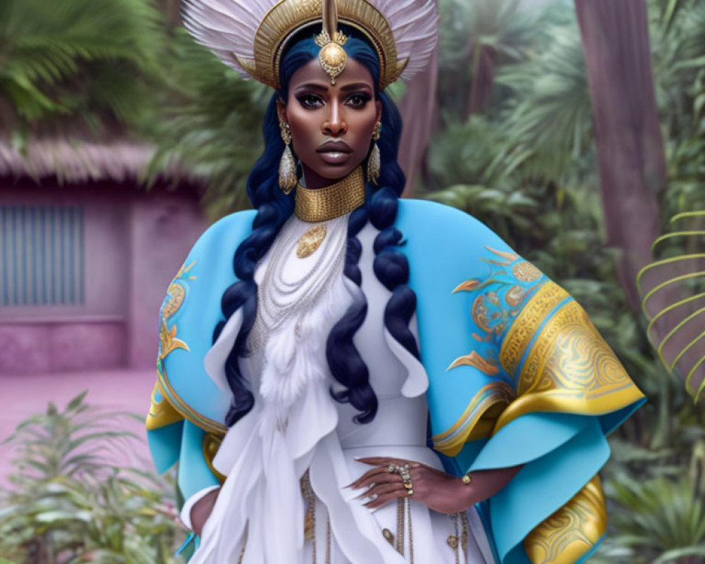 Regal Dark-Skinned Woman in Gold and Blue Attire in Mystical Garden