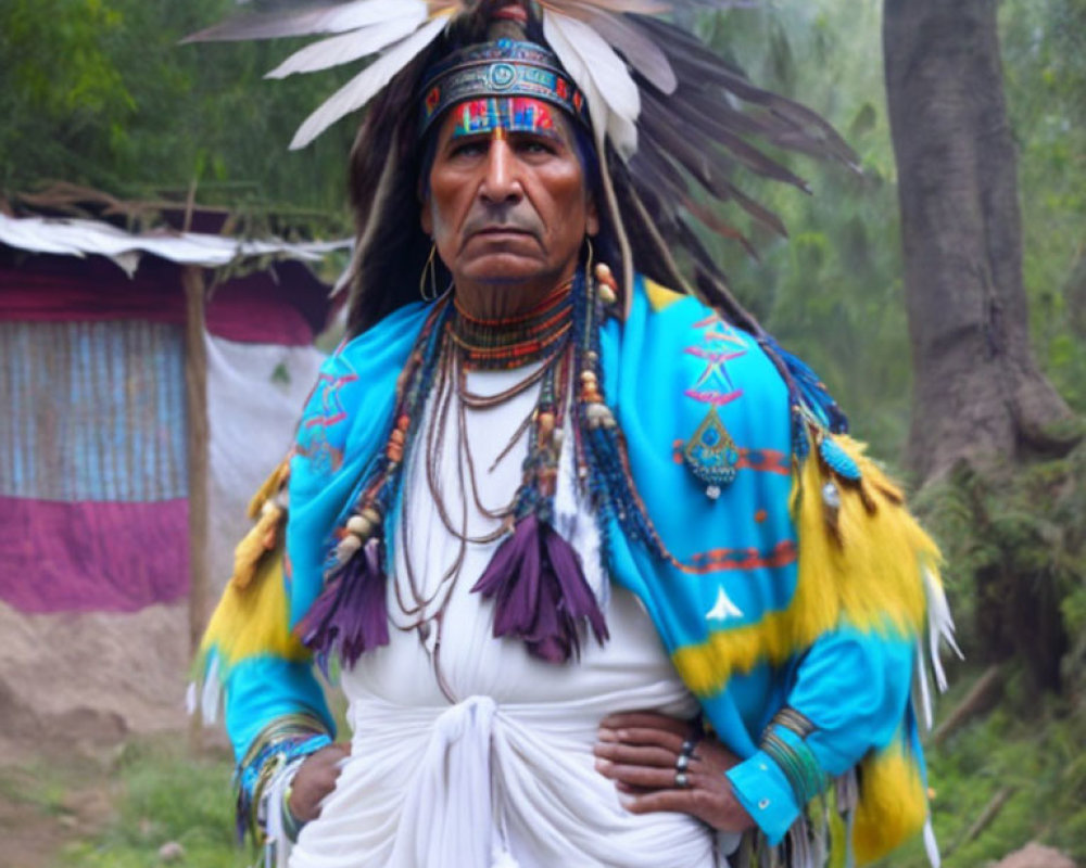 Traditional Native American attire with feather headdress and beadwork in natural outdoor setting