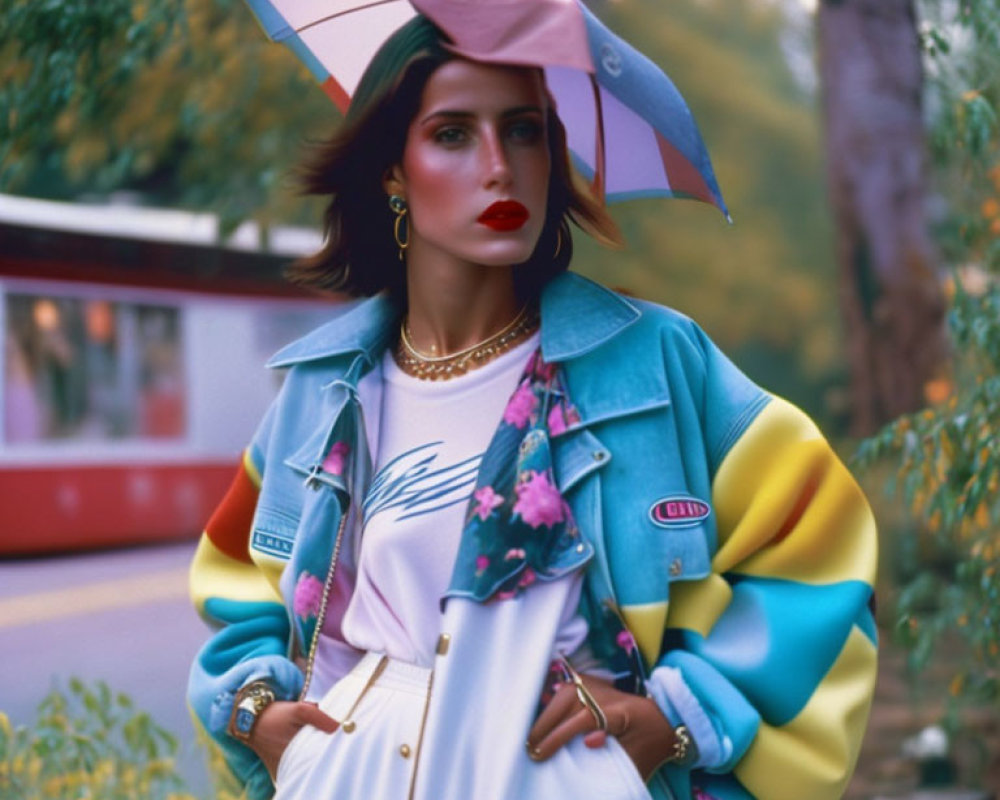 Fashionable woman with multicolored umbrella and denim jacket in urban setting