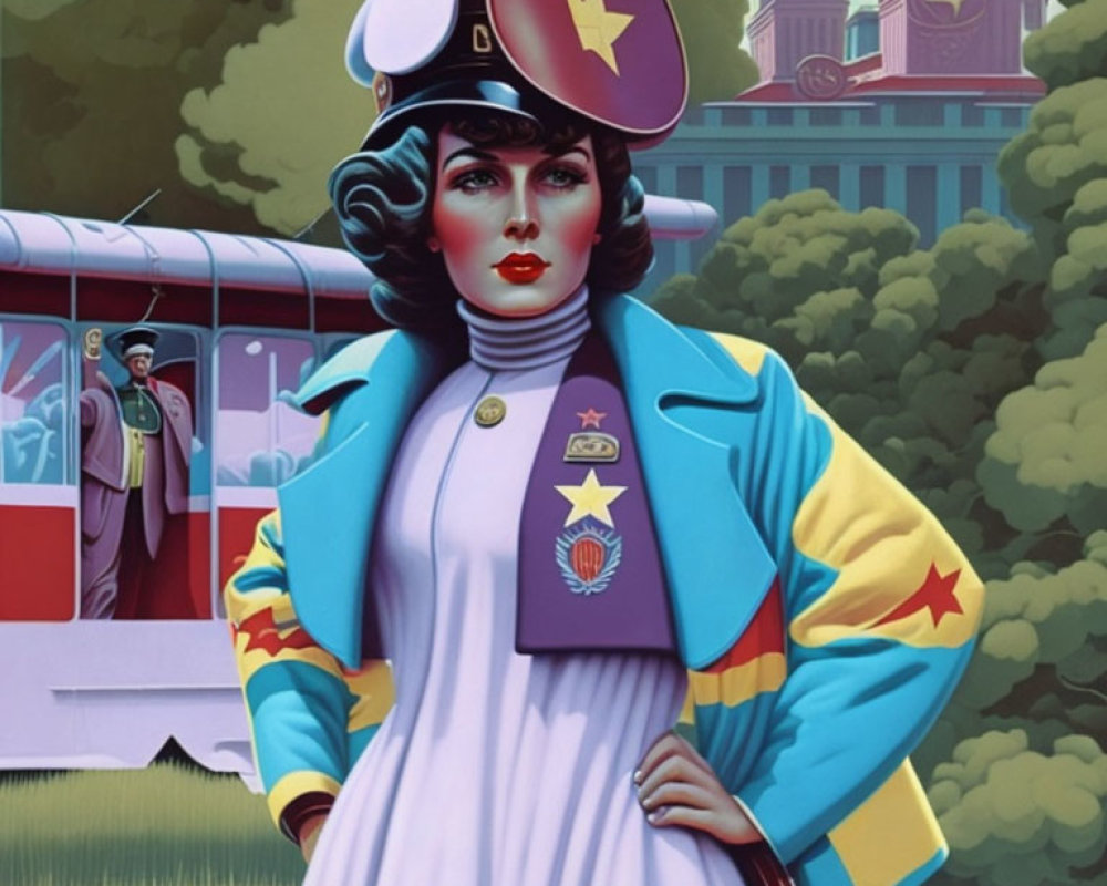 Stylized woman in retro uniform with stars and badges near vintage tram