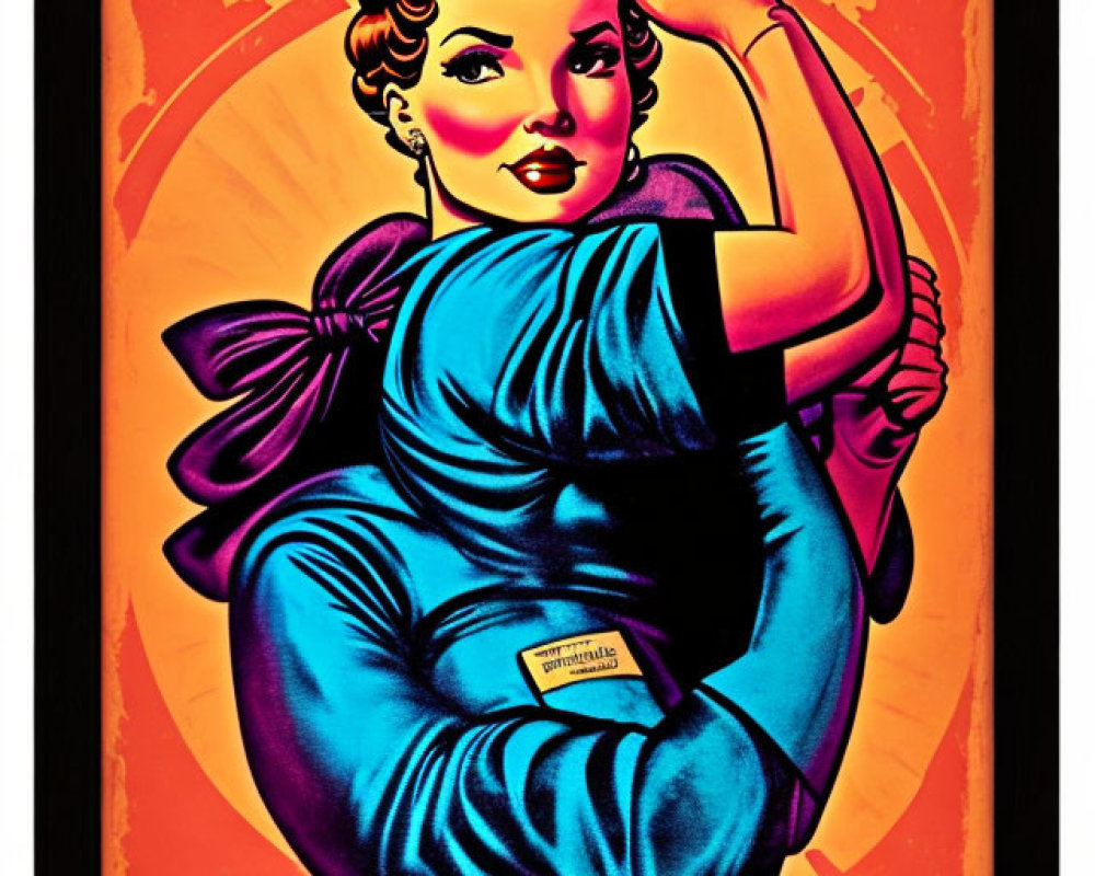 Vintage-style poster with woman in blue dress and red headscarf flexing bicep and empowering