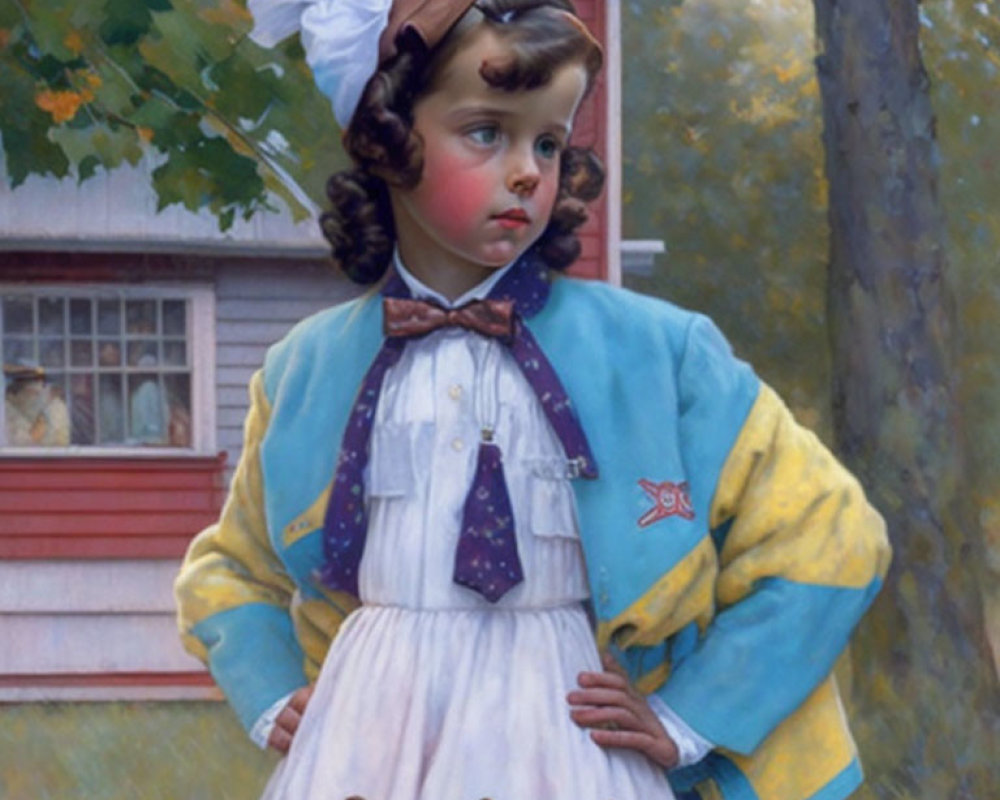 Portrait of young girl in white dress with blue jacket and red star, looking thoughtful