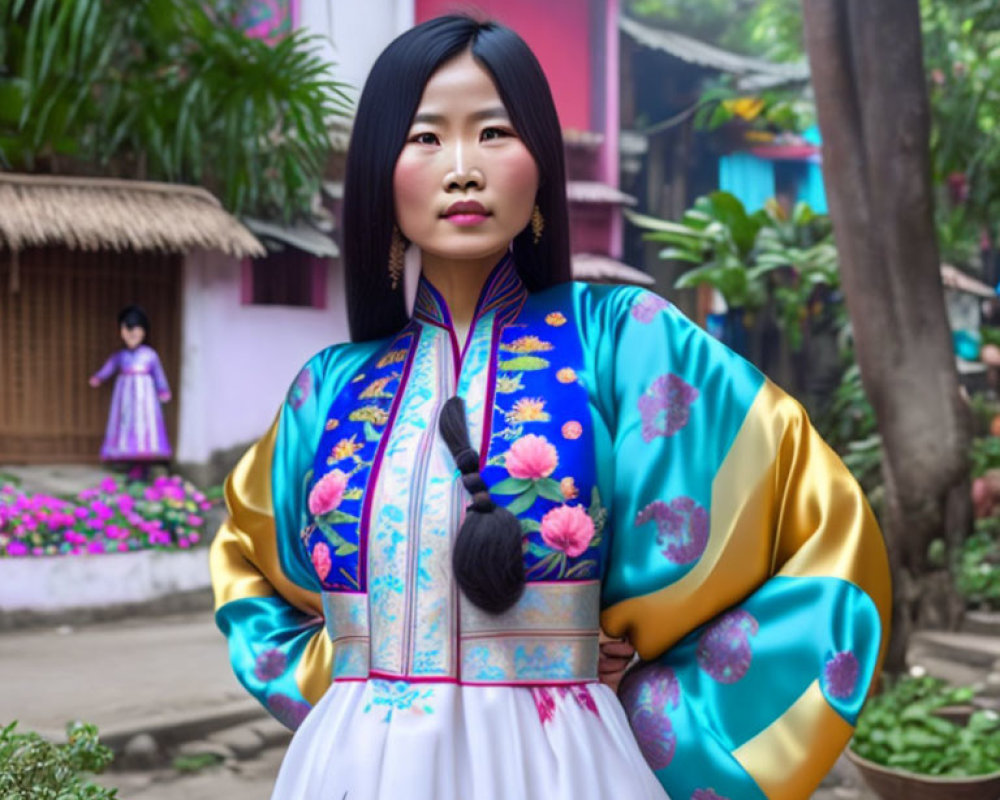 Colorful Traditional Asian Outfit Woman in Garden with Another Person