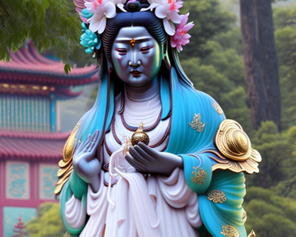 Blue-skinned deity statue in traditional attire with sacred object against Asian architecture