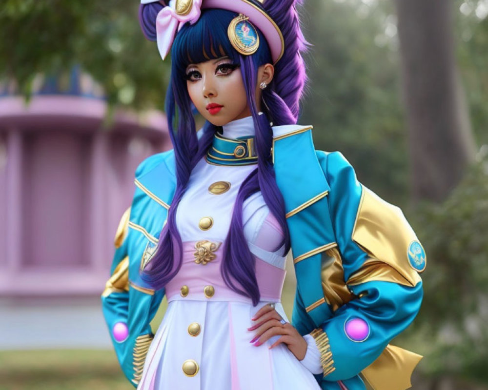 Colorful Anime-Style Cosplay Costume with Purple Hair Pose Outdoors