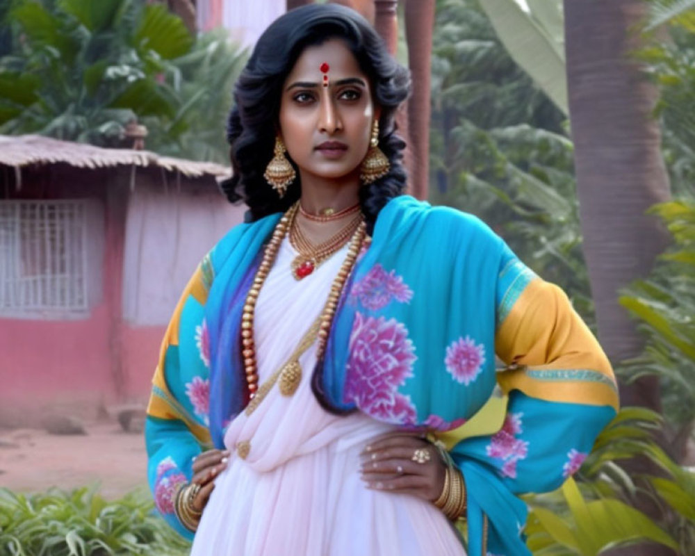 Traditional Indian attire woman standing confidently in green foliage