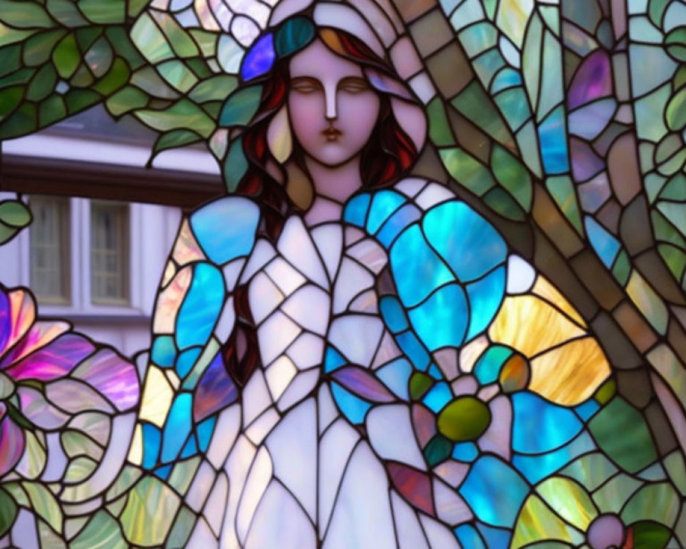 Colorful Stained Glass Window Featuring Woman with Flowing Hair and Floral Patterns