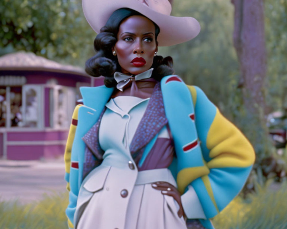 Stylized image of woman in colorful outfit and wide-brimmed hat in vintage park.