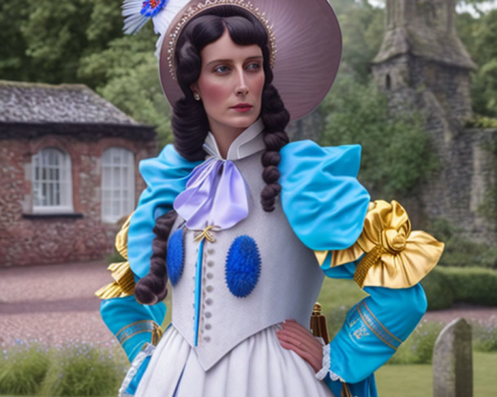 Elaborate blue and white historical costume with puffed sleeves and bonnet