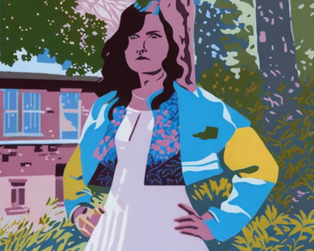 Stylized illustration of woman in white dress and blue jacket with hands on hips against nature backdrop