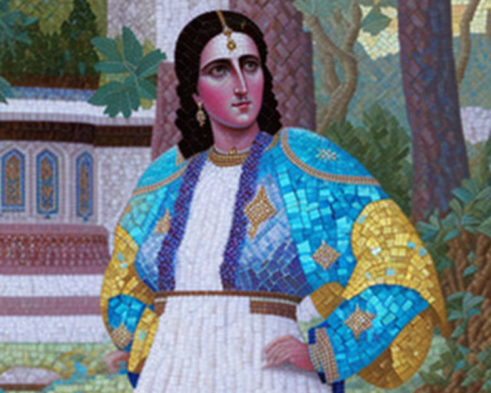 Traditional clothing woman mosaic with blue and gold patterns, trees and architecture