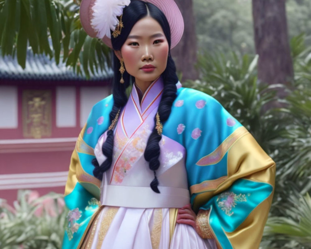 Traditional Asian Attire Woman with Wide-Brimmed Hat and Braided Hair in Front of Eastern Building