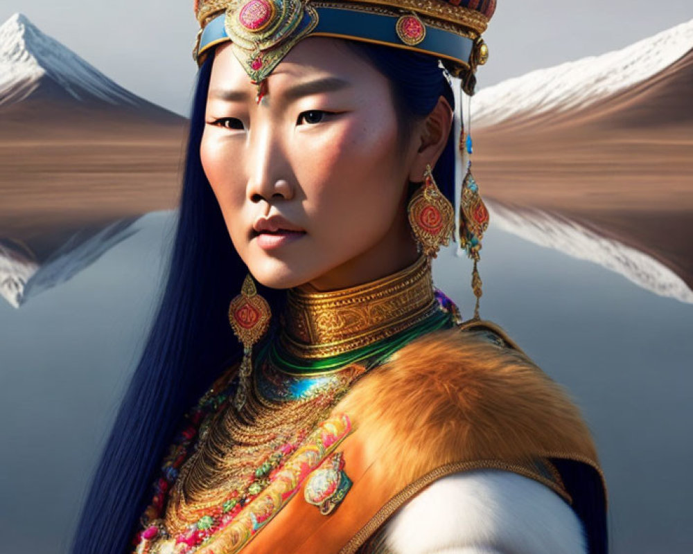 Traditional Attire Portrait with Colorful Headdress and Mountain Backdrop