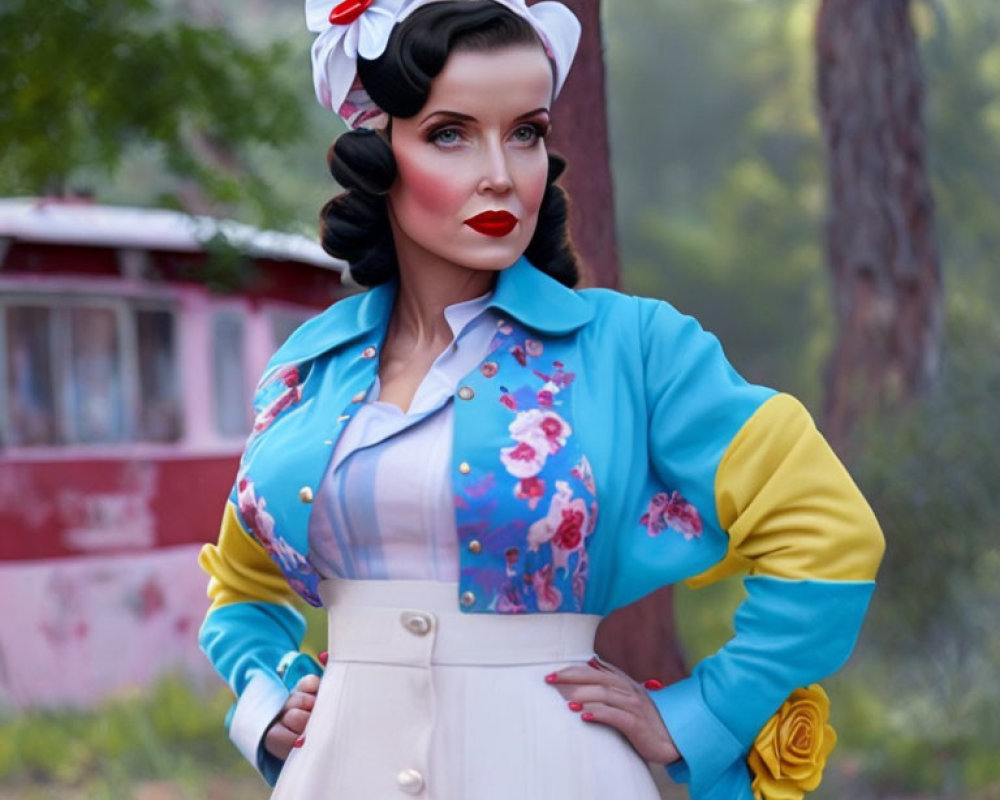 Vintage Woman in Colorful Floral Blouse and White Skirt