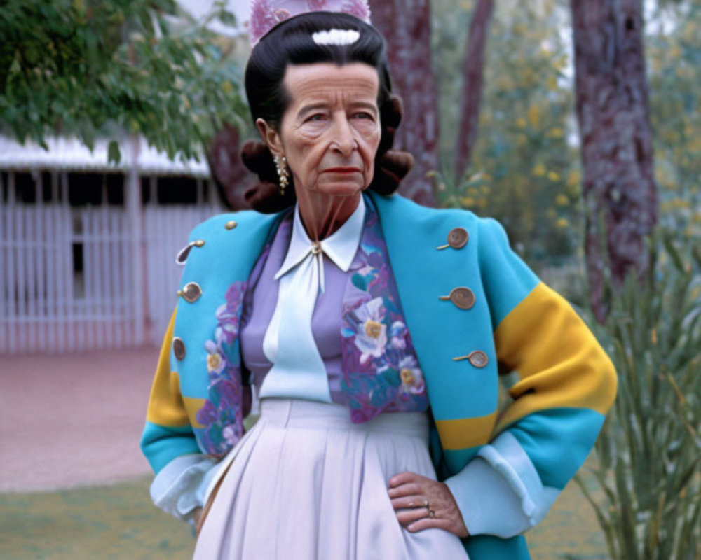 Elderly Woman in Blue Blazer, Lavender Skirt, Pink Hat Outdoors