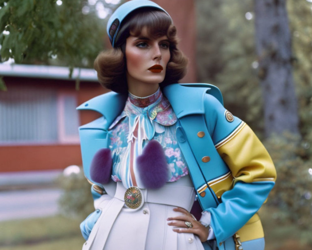 Stylized retro outfit with blue and yellow jacket and white skirt pose in front of trees and house