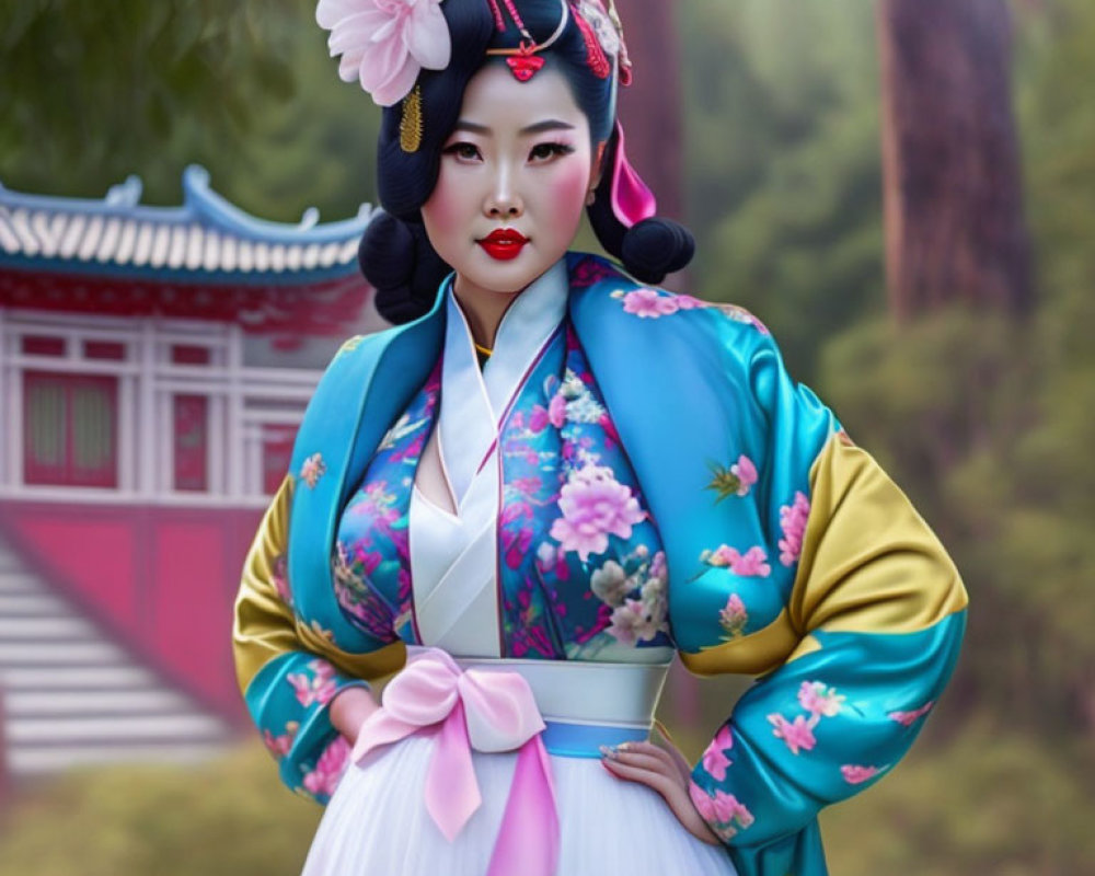 Traditional Japanese Woman in Blue and Pink Attire at Temple