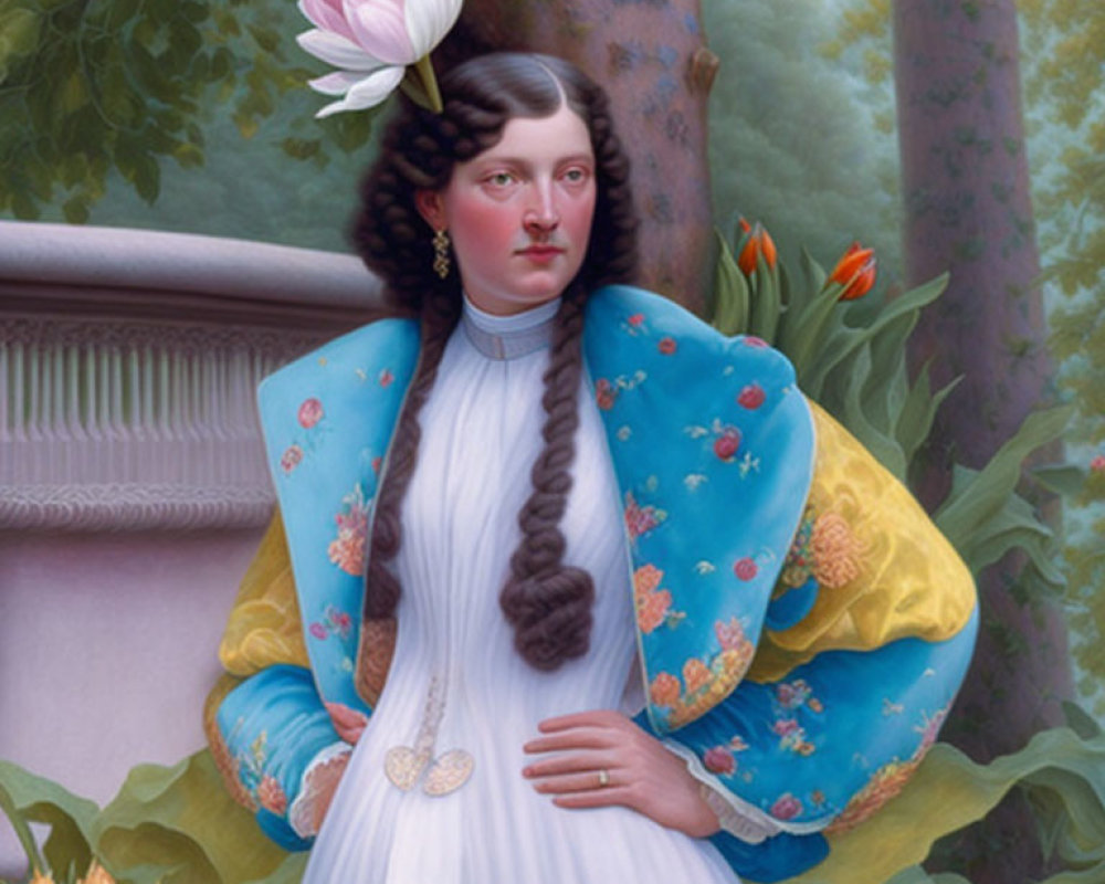 Portrait of Woman in Blue Traditional Outfit with Braided Hair in Garden Setting