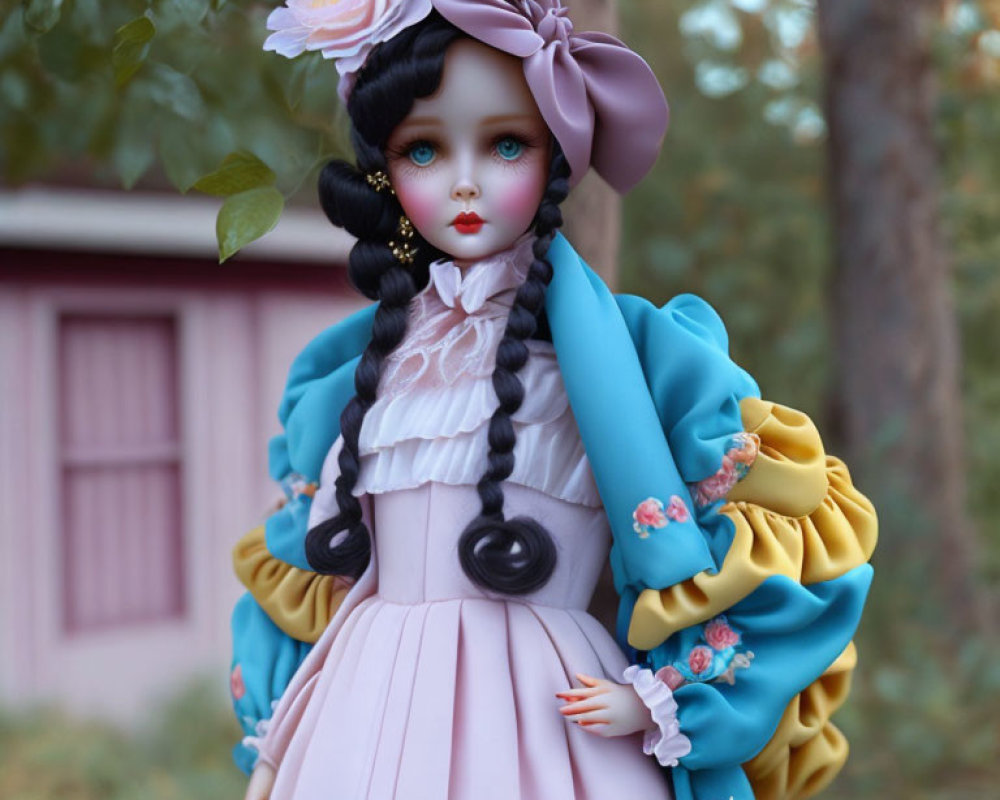 Detailed Doll with Blue Eyes, Braided Hair, and Victorian Dress in Outdoor Scene