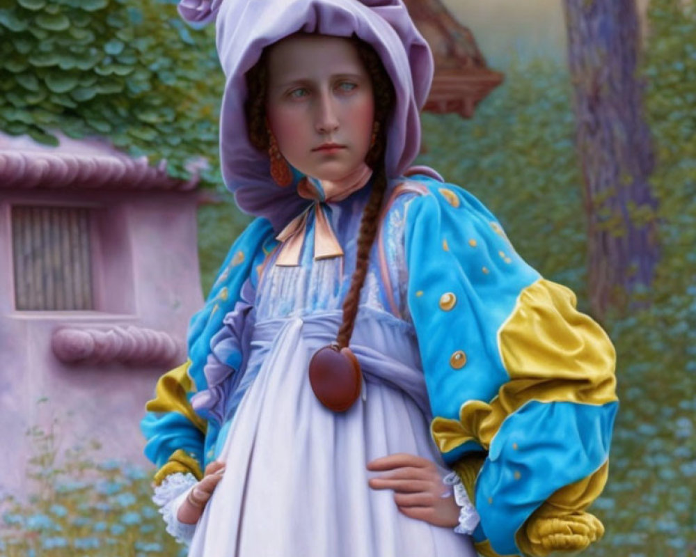 Elaborate Historical Costume with Puffy Sleeves and Purple Headpiece