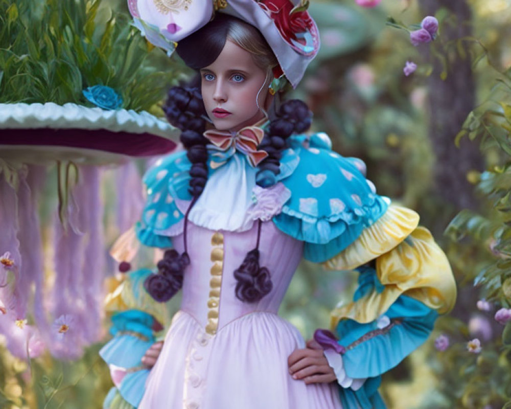 Whimsical surreal portrait of a girl in elaborate outfit