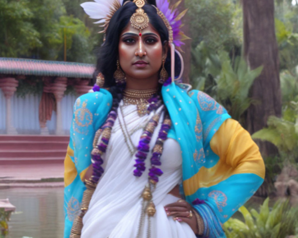 Elaborate Traditional Indian Attire with Peacock Feathers