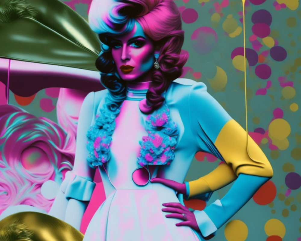 Vibrant digital art: Woman with pastel hair in retro outfit on colorful backdrop