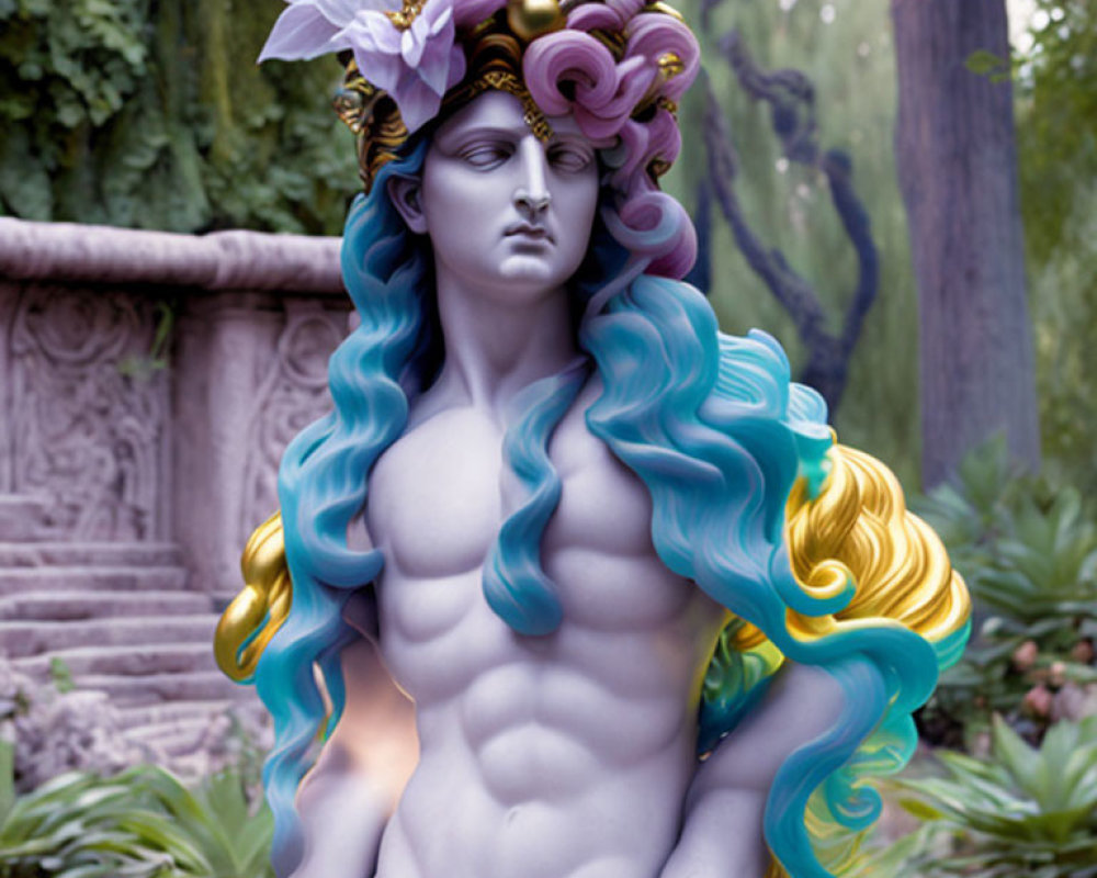 Colorful Classical Statue with Blue and Pink Hair and Golden Accents