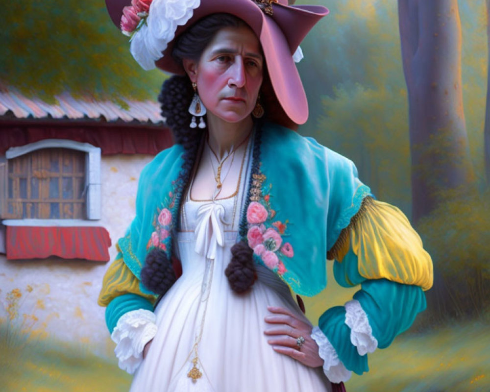 Historical woman with large floral hat and embroidered turquoise jacket