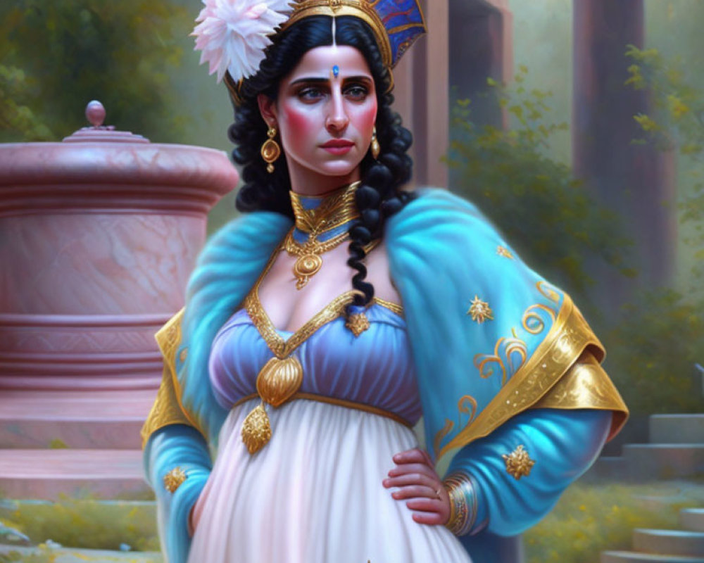 Regal woman in historical clothing with blue and gold headdress and intricate jewelry in misty garden setting