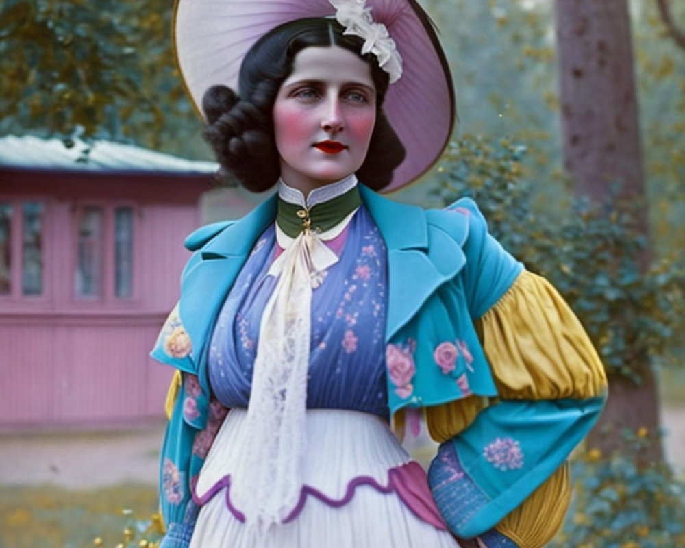 Vintage woman in wide hat, blue jacket, yellow gloves, and choker in natural setting