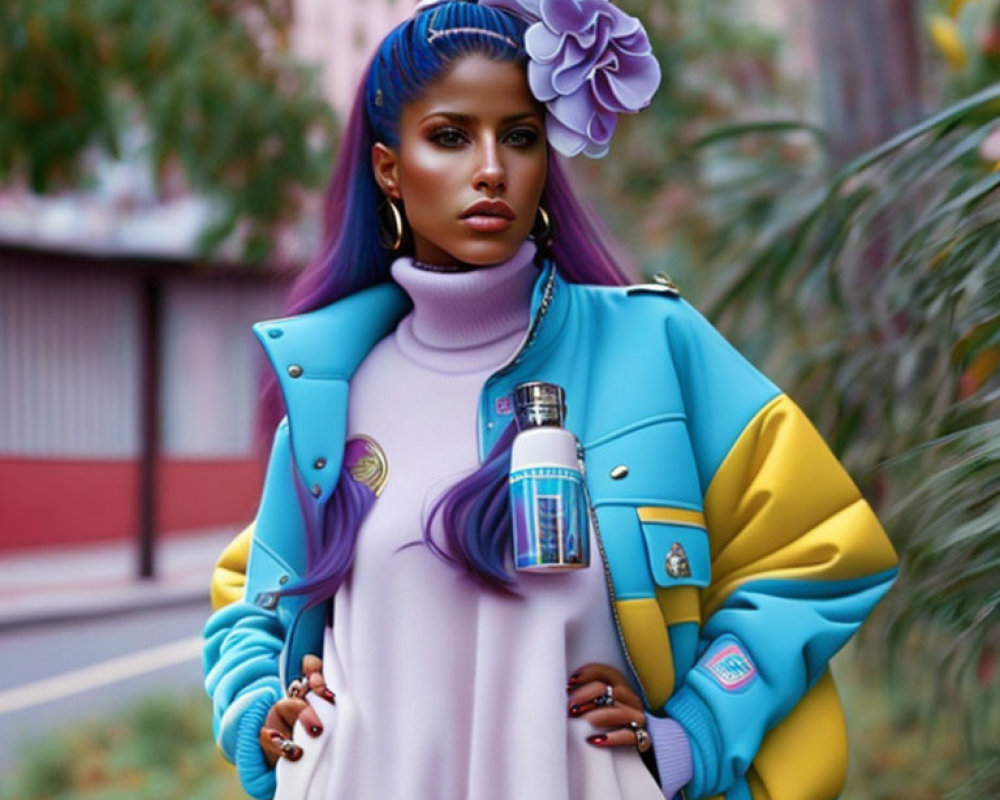 Woman with Blue and Purple Hair in Colorful Outfit Poses with Drink Can