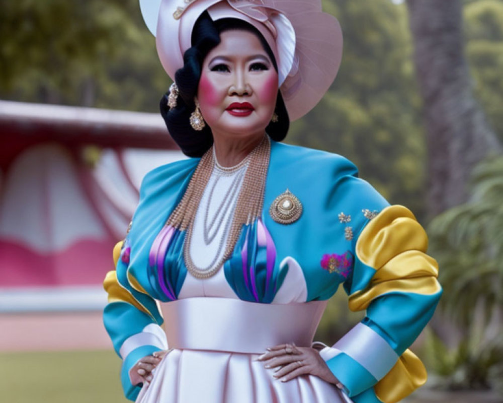 Extravagant Blue and White Dress with Puffed Sleeves and Statement Jewelry