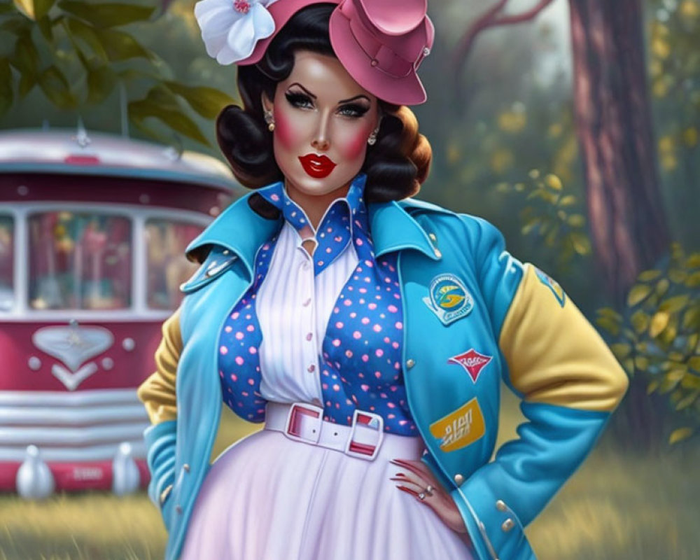 Vintage-inspired woman illustration in 1950s outfit with pink hat, blue jacket, polka-dot