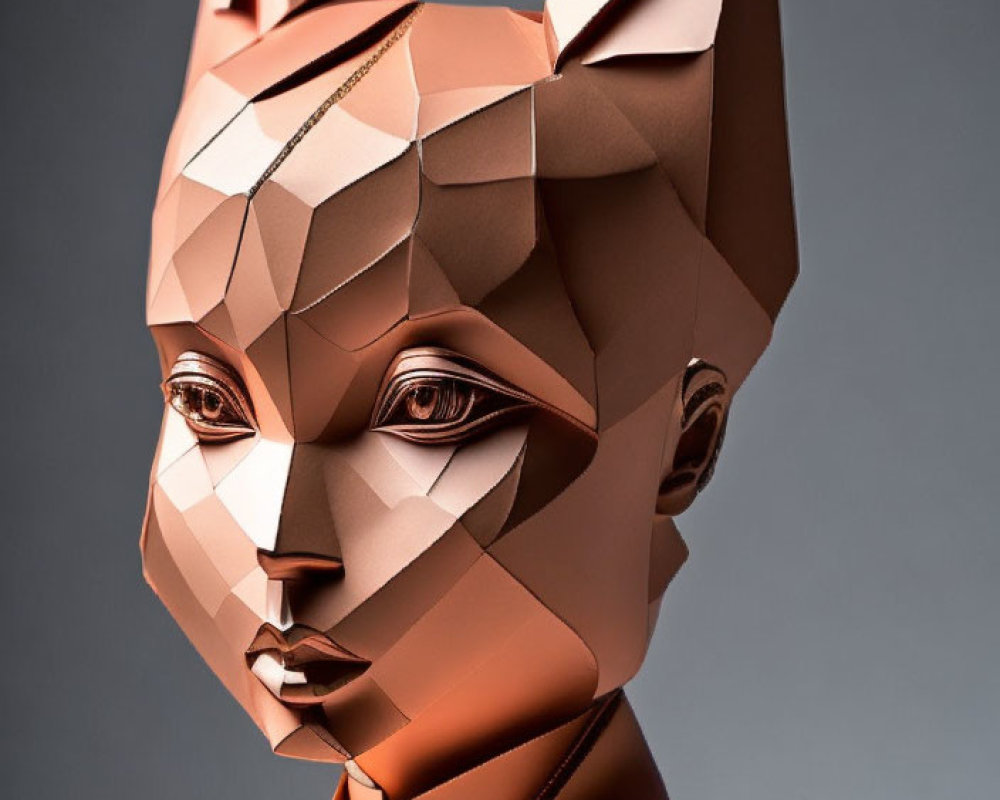 Polygonal Copper Cat-Human Hybrid Sculpture in 3D