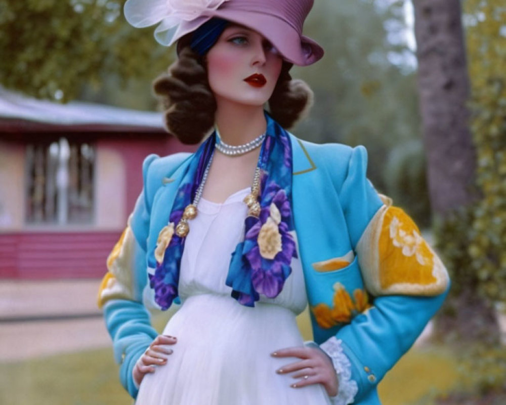 Vintage Fashion: Woman in Purple Hat, White Dress & Blue Floral Jacket Outdoors