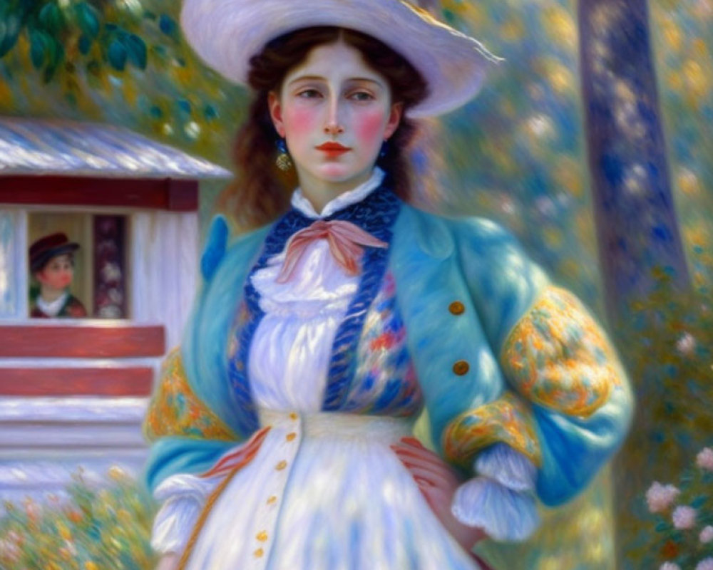 Impressionistic painting of woman in white dress and hat with blue ribbon outdoors.