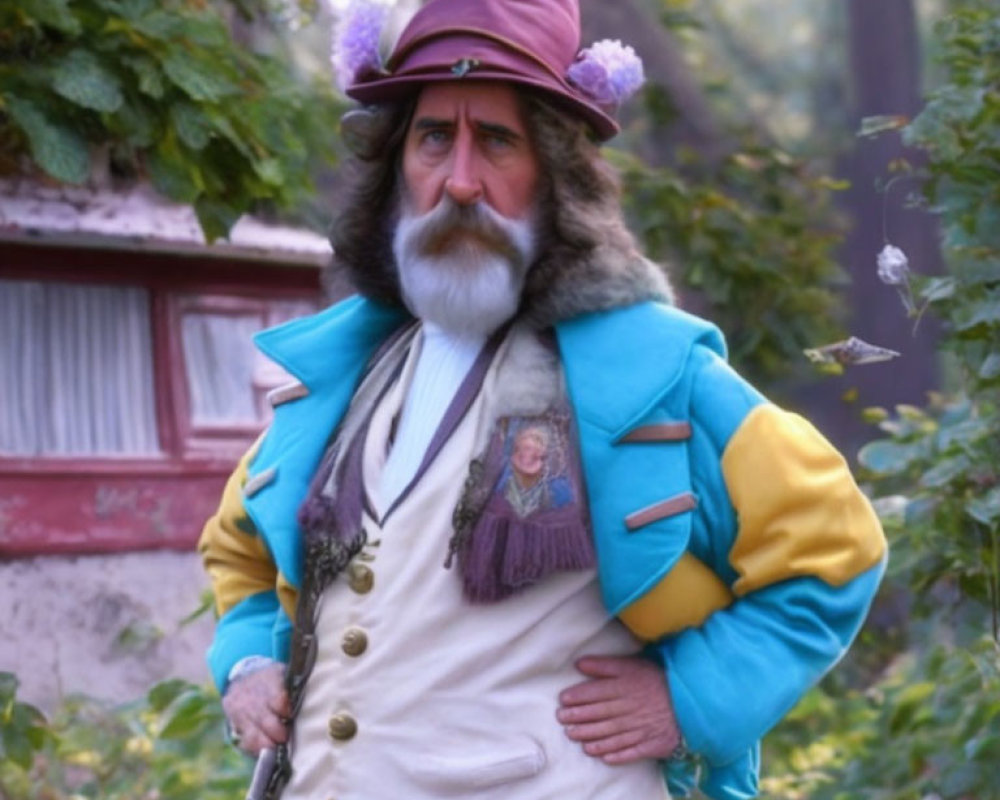 Portrait of a stern man in historical costume with feathered hat and fur-lined cape